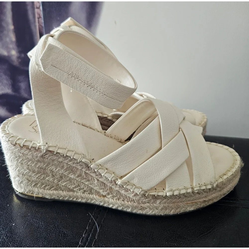Franco Sarto Womens Cream Leather Espadrille Wedge Sandals Ankle Strap Platform